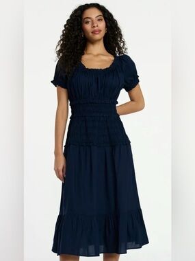 Time and Tru navy blue cotton smocked peasant style dress Sz M (8-10)